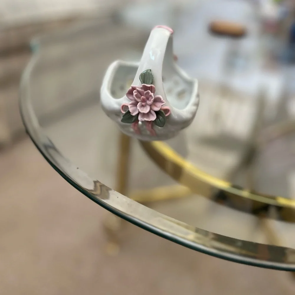 Elegant White and Pink Ceramic Basket/ trinket holder